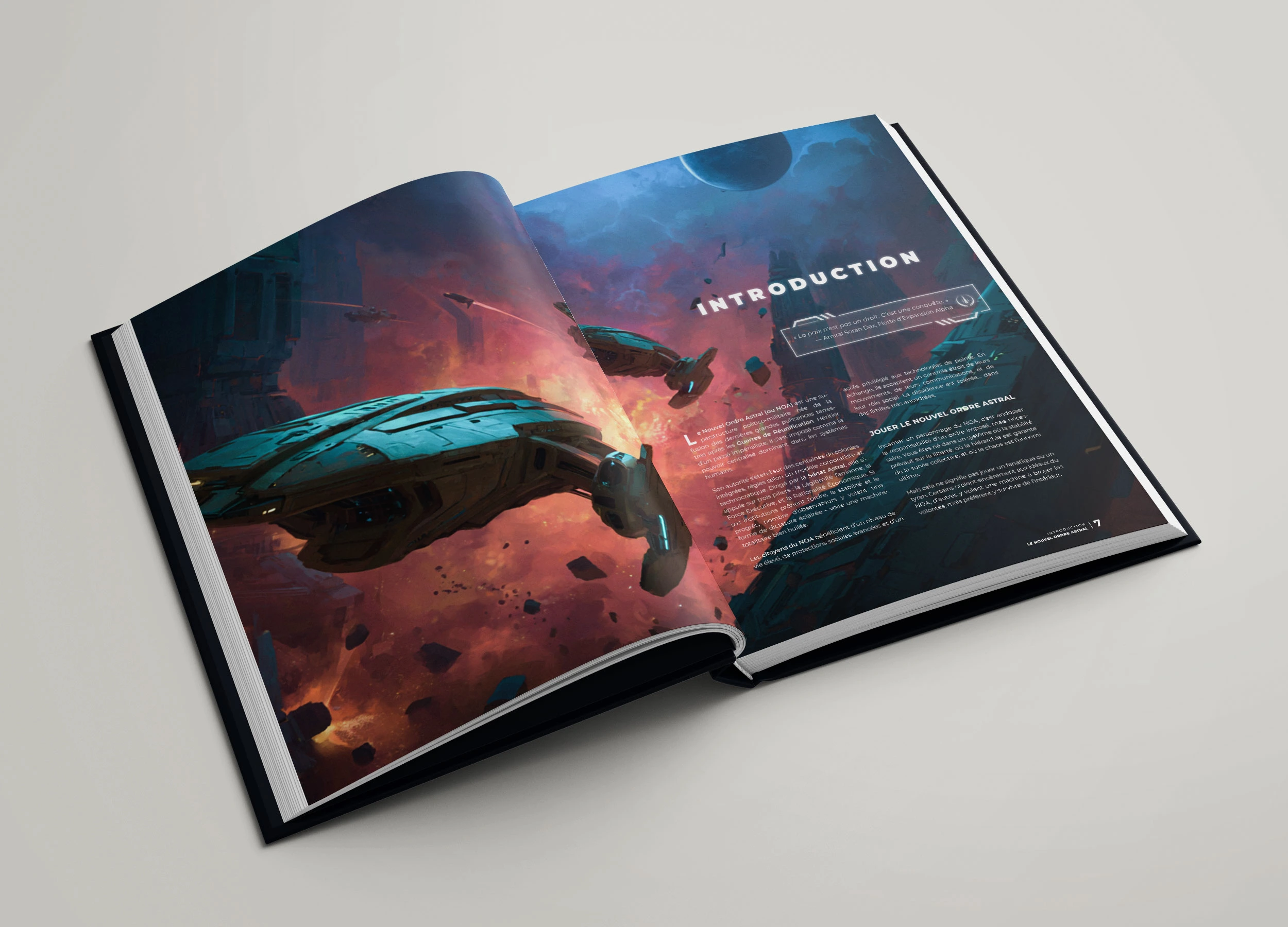 Image de la double page d'introduction pour le manuel de règles du jeu de role Last Horizon