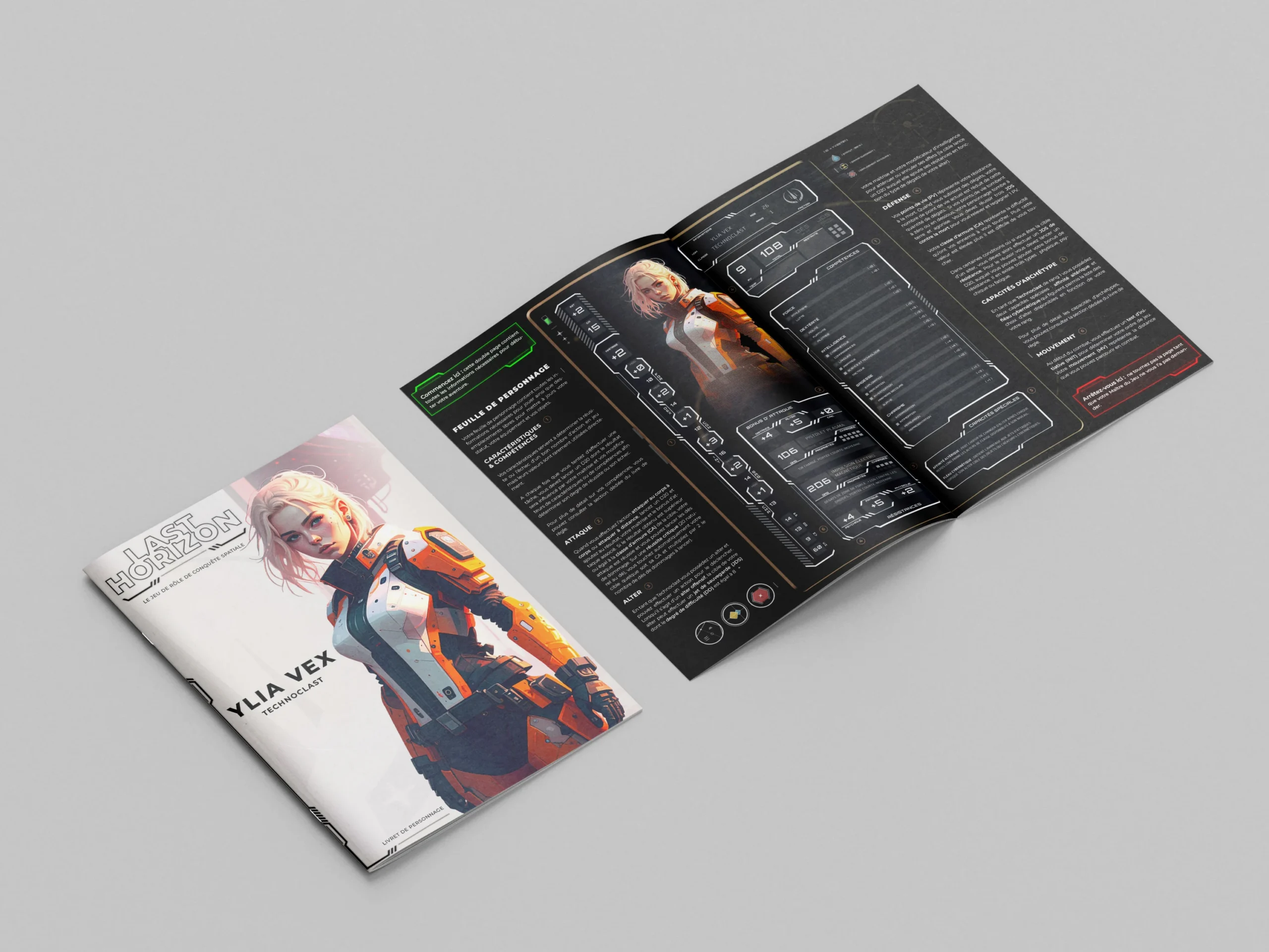 Couverture et double page intérieure du livret de personnage Ylia Vex pour le jeu de role Last Horizon
